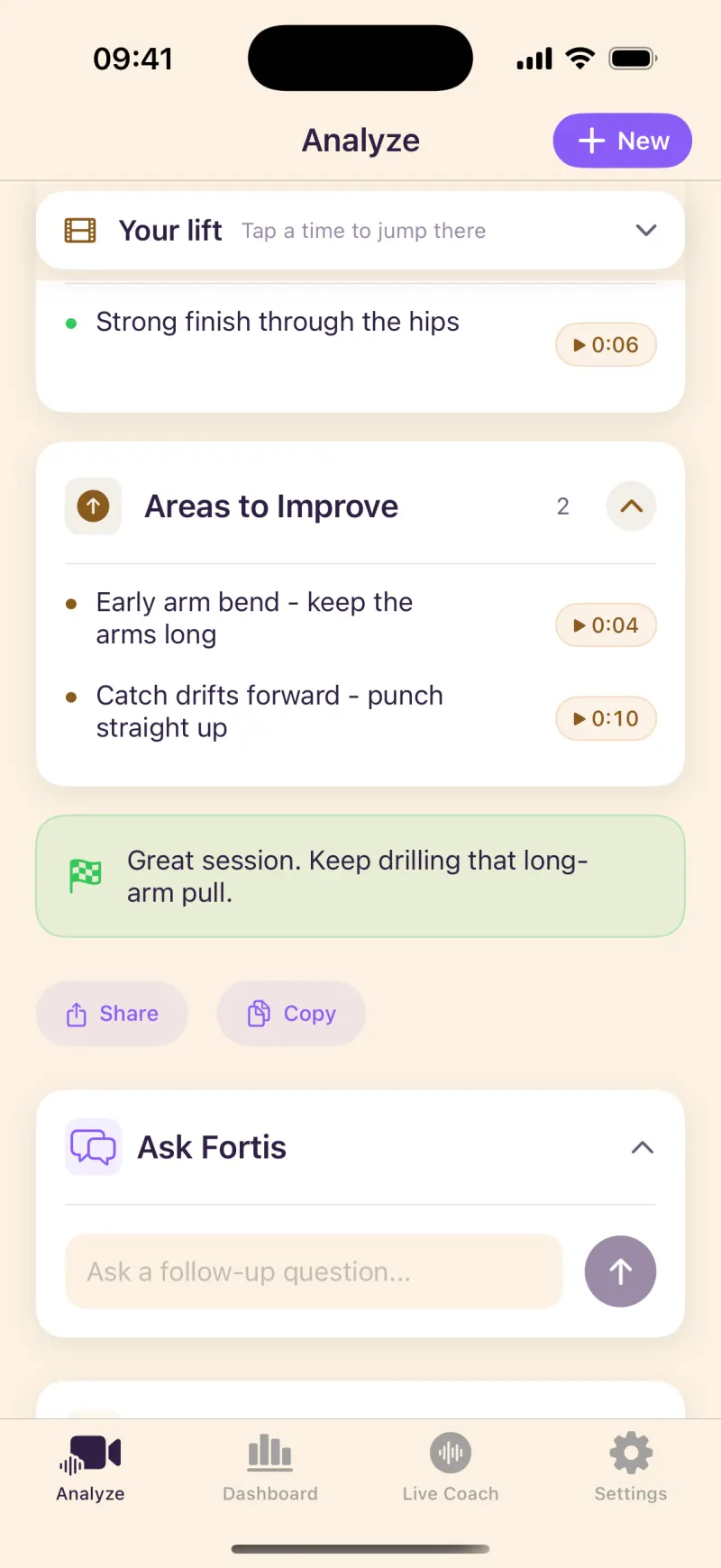 Fortis results screen: coaching moments for a snatch - Strong finish through the hips at 0:06, Early arm bend at 0:04, Catch drifts forward at 0:10 - each with a tap-to-play timestamp