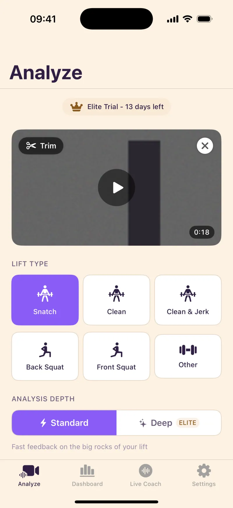 Fortis analyze screen with a queued video, lift type selector - snatch, clean, clean and jerk, squats - and Standard or Deep analysis depth toggle