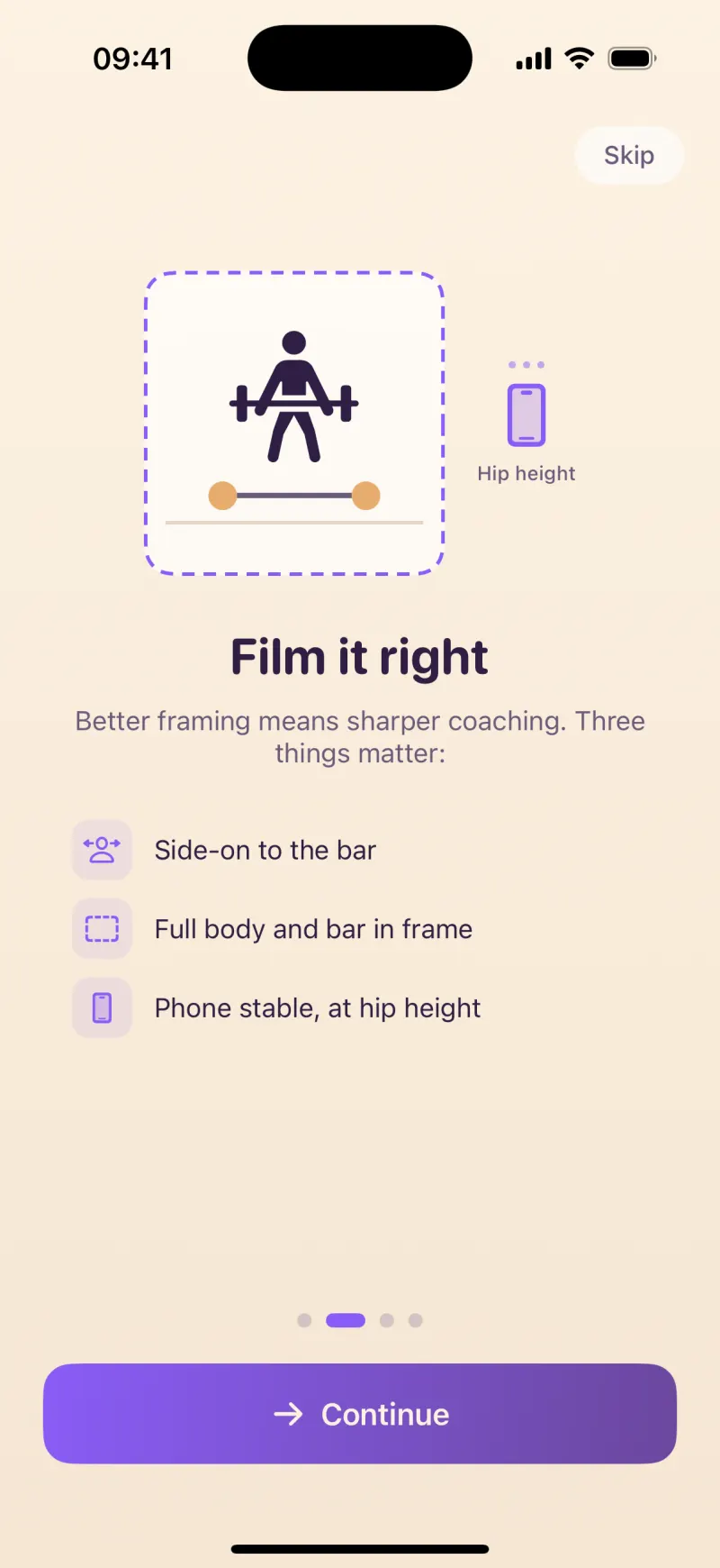 Fortis onboarding screen titled Film it right: side-on to the bar, full body and bar in frame, phone stable at hip height