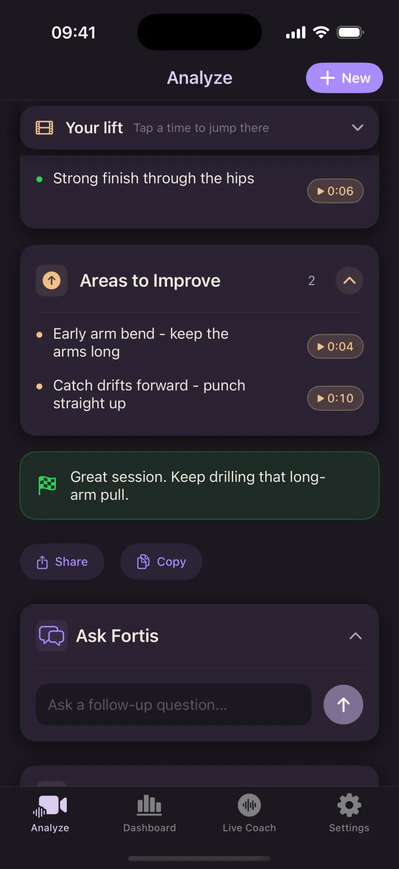 Fortis results screen in dark mode: timestamped coaching cues - tap a time to jump the video to that exact moment